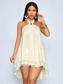 SOLERSUN Áo vest nữ gợi cảm và thanh lịch, thích hợp mặc đi làm, dự tiệc, chất liệu chiffon mỏng nhẹ, hơi xuyên thấu. - Màu be - Xem 5