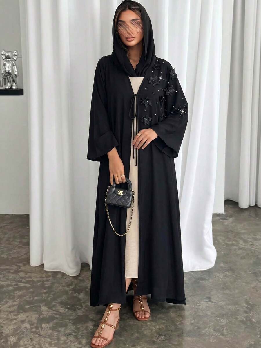 Yasmyna 优雅简约3D花卉装饰水钻点缀女士长袖通勤风开衫 - 黑色 - 查看 1