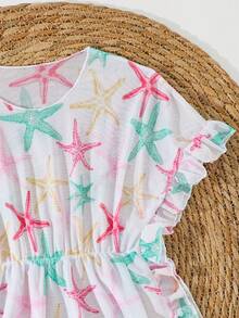 SHEIN Girls Toddler Ruffled Hem Random Starfish Print Beach Cover-Up - Pink - View 5