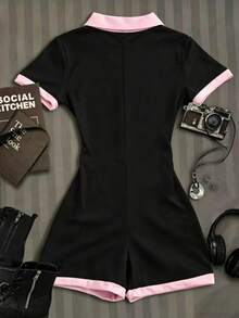 SHEIN Tween Girls' Colorblock Half-Zip Jumpsuit, Pink & Black, Casual Wear For Back To School - Multicolor - View 4