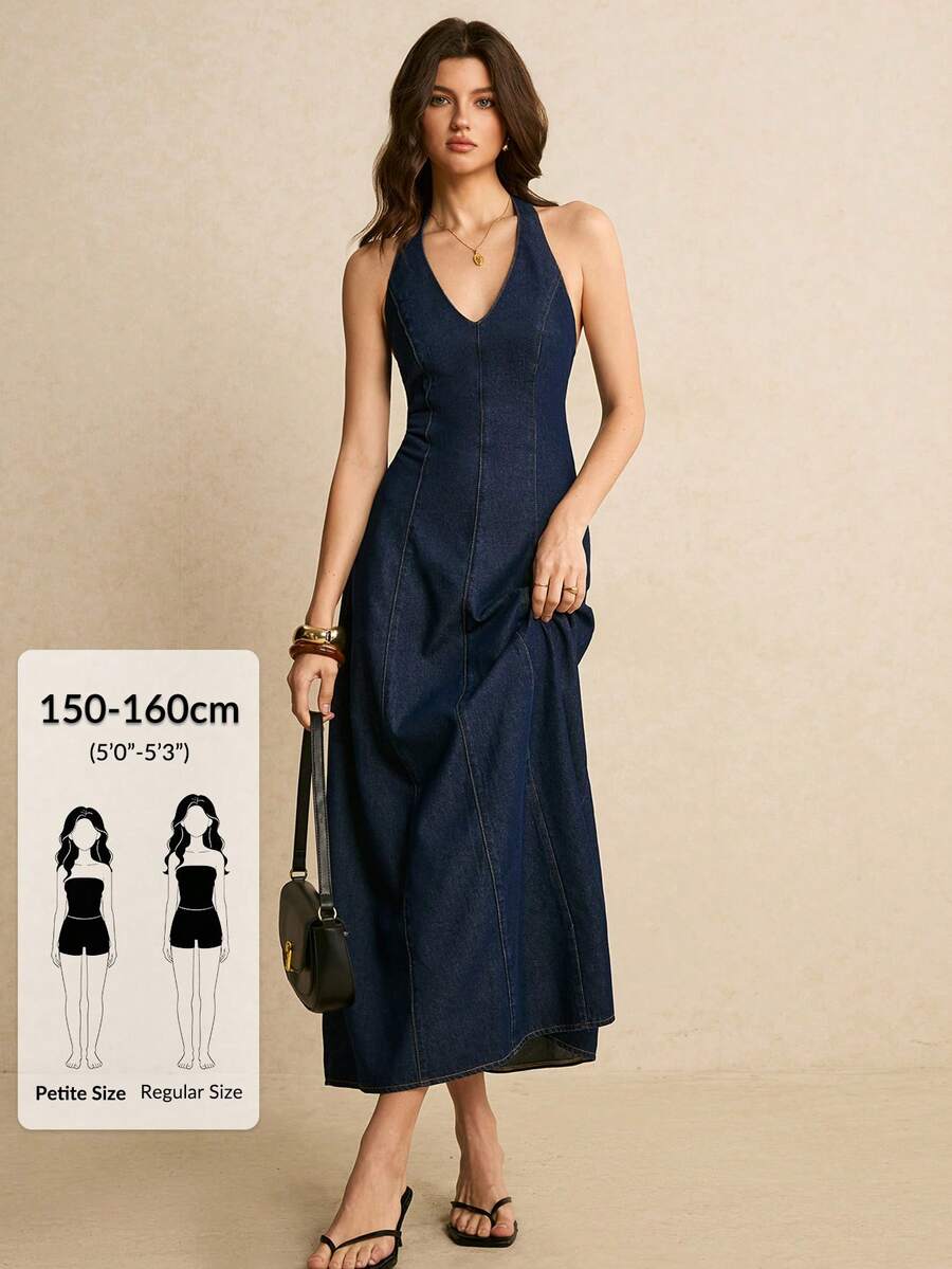 SHEIN PETITE 女款掛脖V領露背藍色牛仔長洋裝，優雅休閒夏季度假洋裝，適合外出、派對與日常穿搭，小個子女性適用 - 深色水洗藍 - 查看 1