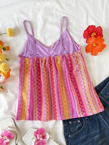SHEIN Áo thun không tay cổ chữ V dáng casual cho nữ tuổi teen, chất liệu vải họa tiết hình học retro, thích hợp cho lễ hội âm nhạc, phong cách bohemian, kỳ nghỉ, tiệc trà chiều. - Hồng - Xem 9