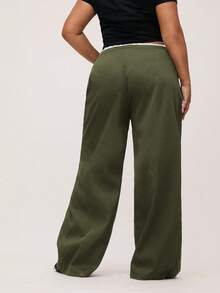 SHEIN BASICS Plus Size Casual Contrast Color Woven Wide Leg Pants With Pockets Fall - Army Green - View 2