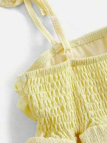 SHEIN Đầm chữ A xếp lớp bằng vải lưới, màu vàng nhạt, dễ thương, thanh lịch, có dây đeo mảnh và nơ ở eo, thích hợp cho bé gái tuổi teen/thiếu niên đi chơi, dự tiệc, mùa xuân/hè, kỳ nghỉ và các dịp lễ. - Màu vàng - Xem 4