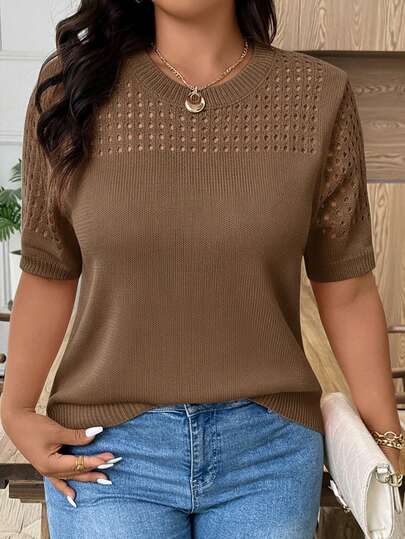 EMERY ROSE Plus Size Casual Hollow Out Round Neck Short Sleeve Blouse