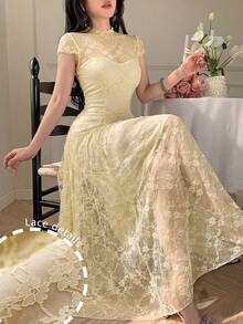 Modelyn Lace Waist Cinching A-Line Flowy Dress, Flattering For Spring/Summer Party Pale Yellow Elegent - Apricot - View 4