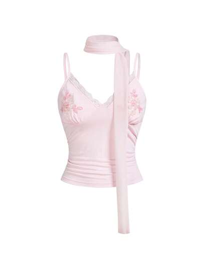 Fairycore Retro perlenbestickter Mesh-Einsatz Halstuch Camisole für Frauen