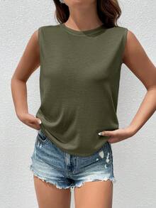 SHEIN Essnce Women's Solid Color Round Neck Casual Versatile Tank Top - Army Green - View 5