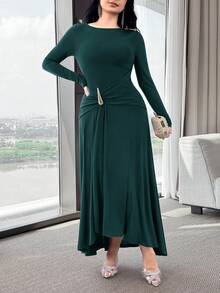 Modelyn 女款純色抓皺腰部優雅成熟中長洋裝，適合派對、晚餐、酒吧及各種場合，深綠色，秋季婚禮適用 - 水鴨藍 - 查看 4
