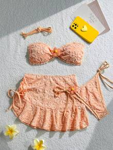 Swim Mod 3件套女童特制面料浅黄色吊带露脐上衣和侧系带三角短裤，配荷叶边抽绳迷你裙 - 橘色 - 查看 4