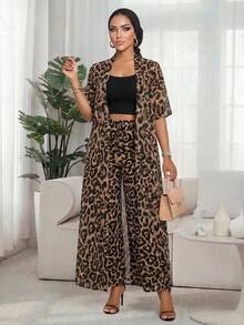 SHEIN Lady 秋冬优雅黑棕色豹纹编织印花长袖长款女式衬衫和编织豹纹女式裤子 - 彩色 - 查看 5