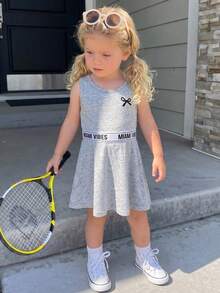 SHEIN Babygirl Cute Summer Casual Gray Bow Patchwork Letter Knit Camisole & Elastic Waist Skirt Set - Multicolor - View 7