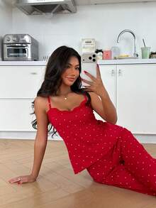 ZzzCrew Women's Knitted Heart Print Camisole And Shorts Pajama Set, Sexy And Suitable For All Seasons - Red - View 5