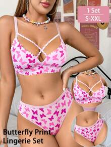 SHEIN 1 chiếc quần lót bikini nữ in họa tiết bướm thoải mái - Hồng - Xem 3