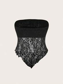 SHEIN PETITE CURVE Plus Size Women's Black Summer Elegant Night Out Club Lace Bandeau Top, Asymmetric Hem Strapless Fitted Retro Y2K Fashion Tube Top - Black - View 2