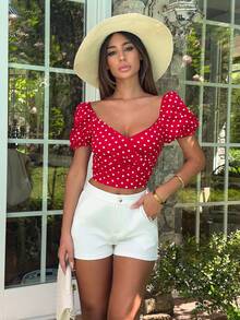 Ronhire French Style New Summer Vintage Sweet & Cute Red Polka Dot Print Puff Sleeves Bowknot Blouse For Ladies - Red - View 1