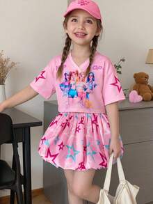 Emery Rose Kids Bộ 2 món gồm áo thun cổ chữ V dáng rộng và quần short xếp ly, họa tiết dễ thương dành cho bé gái. - Nhiều màu - Xem 4