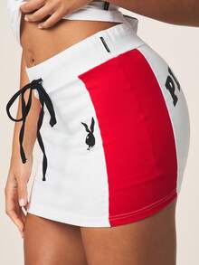 Missguided x Playboy Mini Skirt With Contrast Side Panels Black Drawstring Waistband Bunny Logo Athletic Style Streetwear, World Cup 2026 Sporty Game Streetwear Jersey - Red and White - View 6