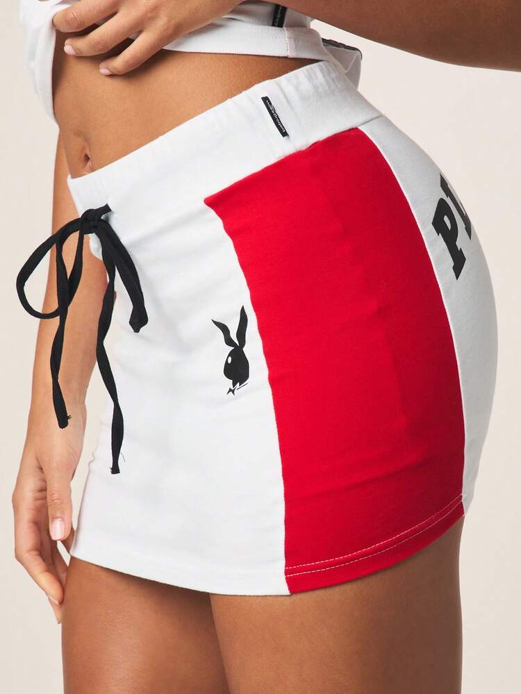 Missguided x Playboy Mini Skirt With Contrast Side Panels Black Drawstring Waistband Bunny Logo Athletic Style Streetwear, World Cup 2026 Sporty Game Streetwear Jersey