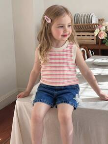 Elladie kids Bộ đồ mùa hè năng động gồm áo không tay kẻ sọc và quần short thời trang có nơ trang trí, dành cho bé gái, tươi tắn và ngọt ngào, thích hợp mặc hàng ngày. - Nhiều màu - Xem 2