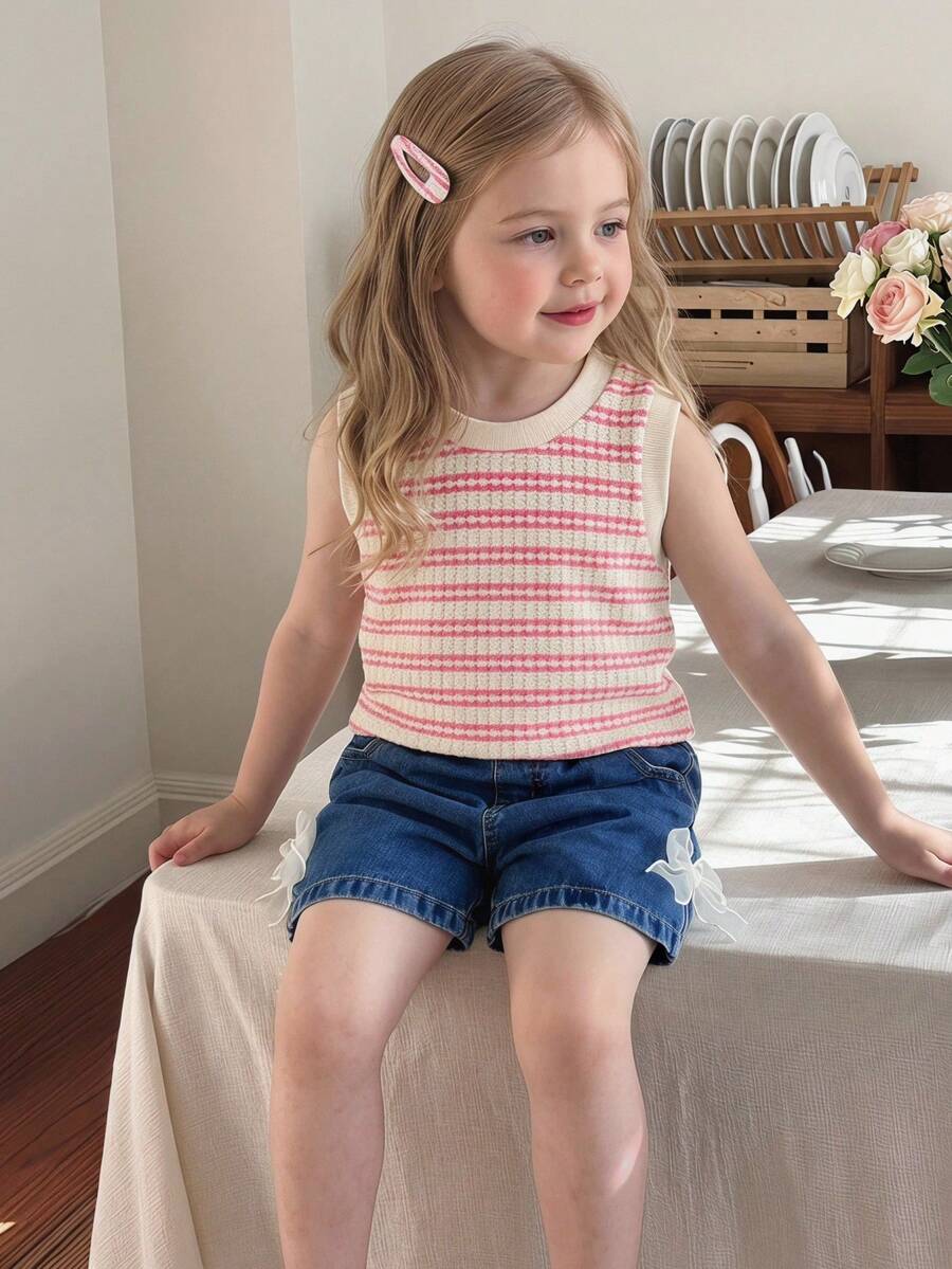 Elladie kids Bộ đồ mùa hè năng động gồm áo không tay kẻ sọc và quần short thời trang có nơ trang trí, dành cho bé gái, tươi tắn và ngọt ngào, thích hợp mặc hàng ngày.