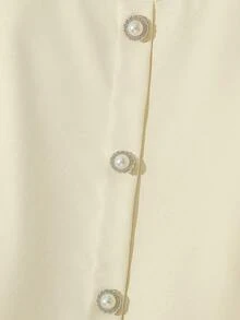 SHEIN Franclia 女士纯色荷叶袖圆领衬衫，黄色，时尚百搭法式短款珍珠纽扣装饰上衣，优雅夏季上衣 - 杏色 - 查看 4