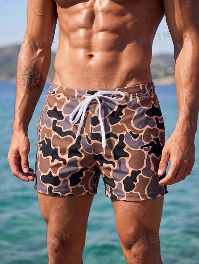 Manfinity Swimmode 2026 New Spring/Summer Camouflage Pattern Elastic Waist Comfortable Casual Beach Party Men's Swim Trunks Holiday Pool Party Vacation Holiday Party Swim Trunks Holiday Grey Camo Cow Boy Holiday / Vacation / Beach Graduation / Hawaii / Tropical / Swim / Bathing Tropical