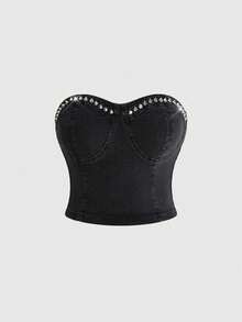 ROMWE Dark Punk Rivet Decor Sexy Cropped Denim Top, Versatile Black Plus Size Date Night Summer - Black - View 1
