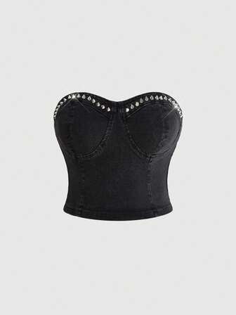 Grunge Punk Top corto de mezclilla con decoración de remaches estilo punk oscuro, versátil y de talla grande en negro