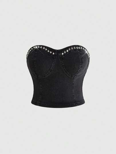 ROMWE Grunge Punk Áo crop top denim gợi cảm phong cách punk tối màu với họa tiết đinh tán, màu đen đa năng, cỡ lớn.