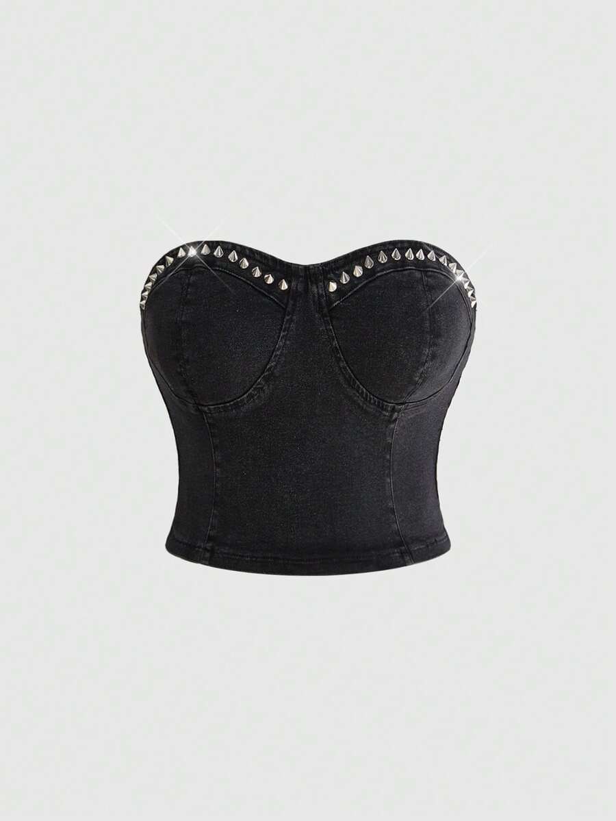 ROMWE Dark Punk Rivet Decor Sexy Cropped Denim Top, Versatile Black Plus Size Date Night Summer - Black - View 1