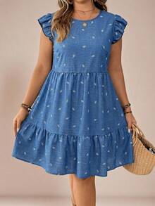 Comfylo Plus Size Women Round Neck Leaf Embroidery Ruched Casual Party Dress - Blue - View 5