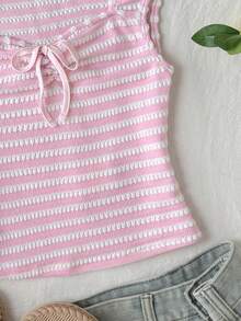 SHEIN Tween Girls Pink And White Striped Knit Textured T-Shirt,Summer Casual Ruched Bust Sweet Preppy Style Top,Y2K Fashion Back To School Holiday Wear - Pink - View 4