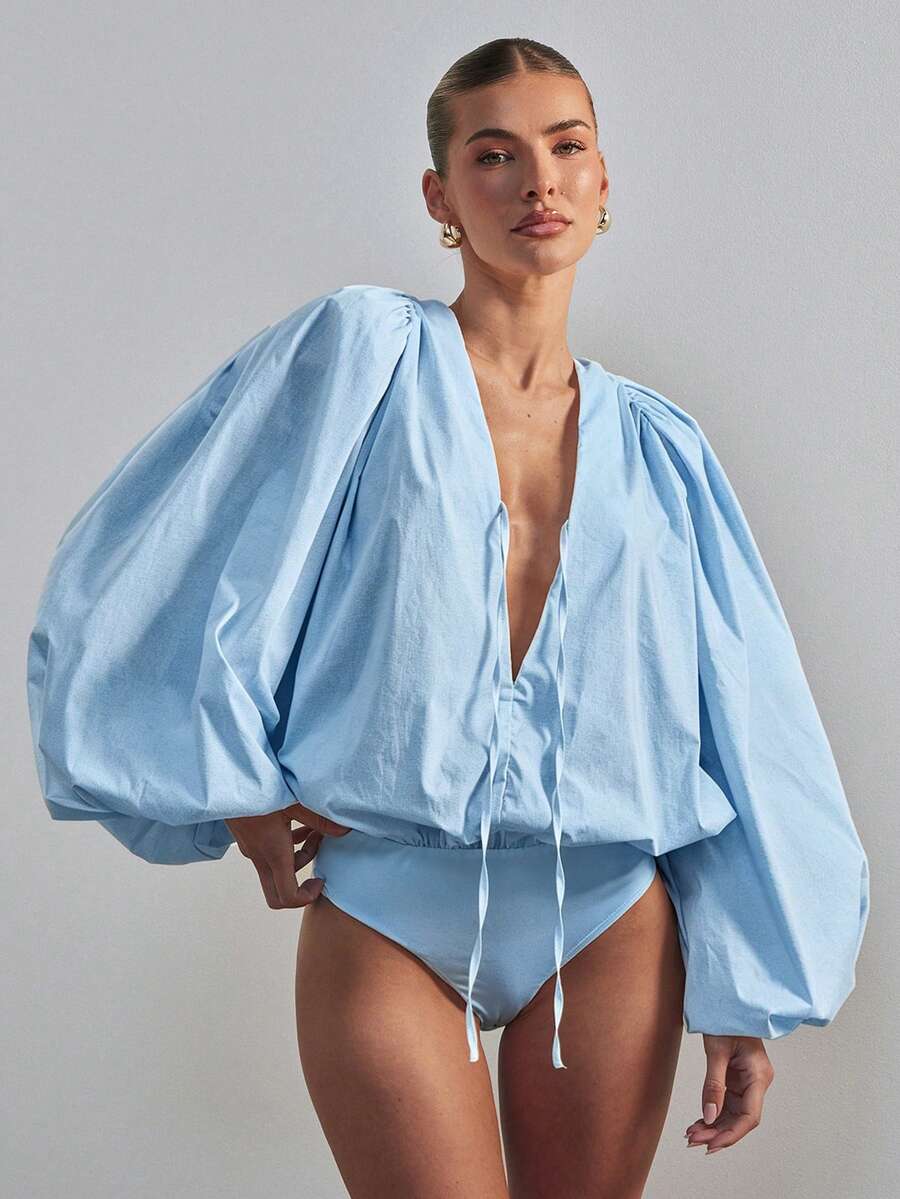 Hauture 女士蓬蓬长袖V领连体衣性感办公服 - 淺藍色 - 查看 1