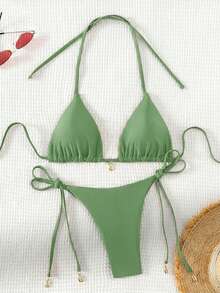 Swim Basics 2025 Solid Color Halter Knotted Split Bikini Swimwear - Green - View 2