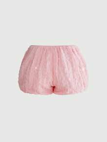 ROMWE Kawaii Shorts de malla con flores dulces y versátiles para mujer, primavera/verano - Rosa - Ver 2