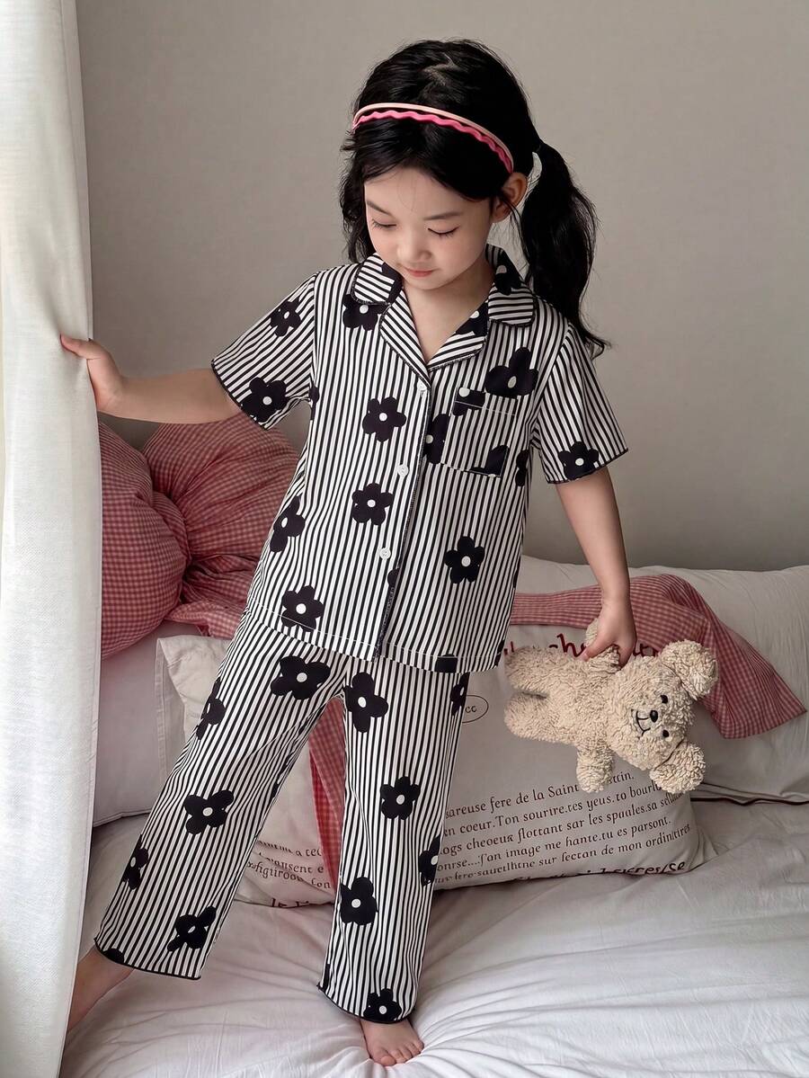 SHEIN 女童条纹图案翻领纽扣短袖宽松舒适梭织睡衣套装，两件套 - 黑與白 - 查看 1