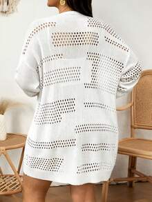 Elenzga Plus Size Solid Color Casual Long Sleeve Hollow-Out Knit Cardigan Fall - White - View 2