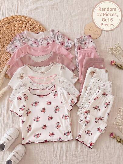 SHEIN 6 peças/Conjunto Pijama Casual e Confortável de Malha para Meninas Bebê com Estampa Fofa de Urso Cartoon e Floral, Gola Redonda, Manga Curta e Calça