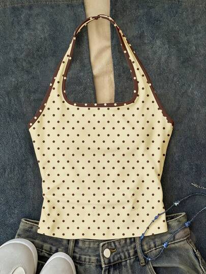 Fashionable Cream Yellow & Brown Polka Dot, Tween Girls White Long Casual Halter Top, Slim Fit Tank Top Suitable For Summer