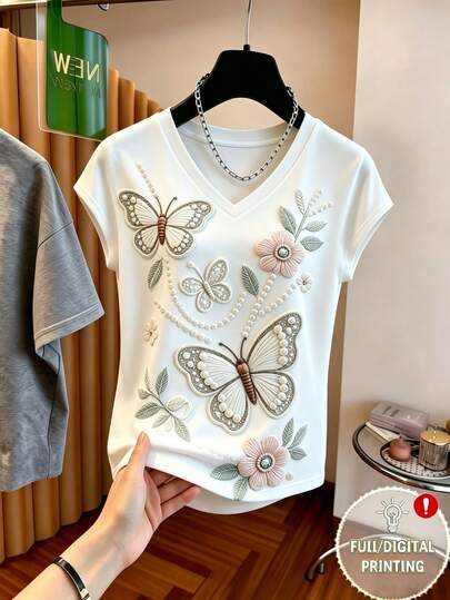EMERY ROSE Women's Summer Butterfly Print V-Neck Short Sleeve Casual T-Shirt, Floral Print Top For Women, Suitable For Vacation, Commuting And Daily Wear, Summer Casual Outdoor Holiday Daily T-Shirt, Summer Print T-Shirt, Suitable For Women's Parties, Dates, And Work, Summer Lace Short Sleeve Loose T-Shirt, Daily Life Wear, Women's Summer Top T-Shirt, Summer Holiday T-Shirt, Women's V-Neck Butterfly Floral Pearl Print Short Sleeve T-Shirt