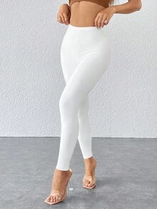 SHEIN PETITE CURVE Quần legging co giãn màu trơn cỡ lớn, thích hợp mặc hàng ngày, mùa đông, mùa xuân, ngày Valentine, làm từ chất liệu PU, thích hợp cho trang phục lễ hội, tiệc tùng, đi làm, văn phòng, lễ tốt nghiệp và các dịp khác. - trắng - Xem 8