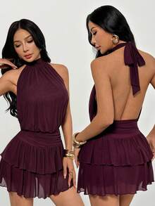 SHEIN PETITE Women's Sexy & Elegant Halter Waist Ruched Ruffle Hem Mini Dress - Purple - View 3