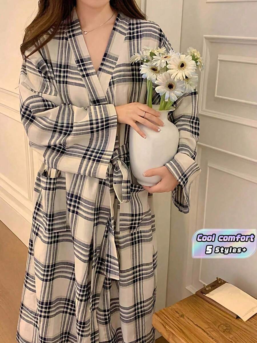 日式睡衣女童春秋新款长袖简约休闲睡衣长款和服ins风家居服 - 杏色 - 查看 1