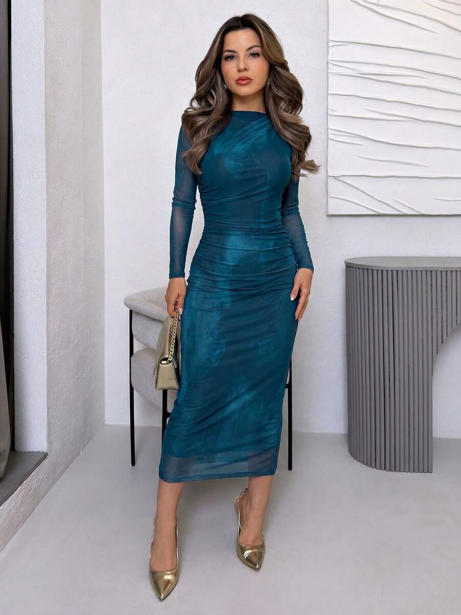 Jemour Women's Blue-Green Gradient Mesh Long-Sleeved Dress, Commuting/Elegant/Vacation/Beach/Hawaii/Valentine's Day