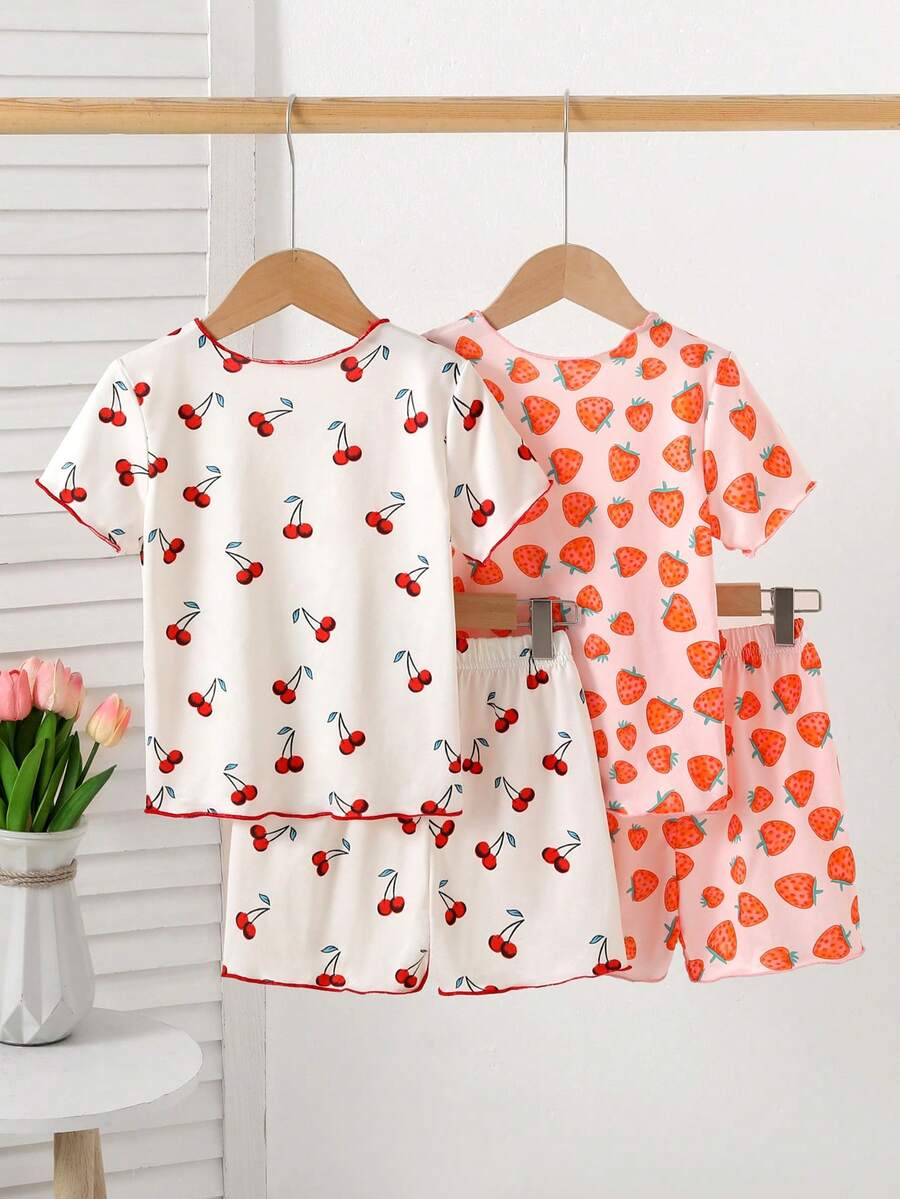 SHEIN 4件套女童可爱水果印花短袖短裤针织睡衣套装 - 彩色 - 查看 1