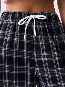 Loungeista Women's Plaid High Waist Drawstring Wide Leg Pants, Loose Fit, Suitable For Outdoor Wear, Spring/Summer/Autumn - Black and White - View 6