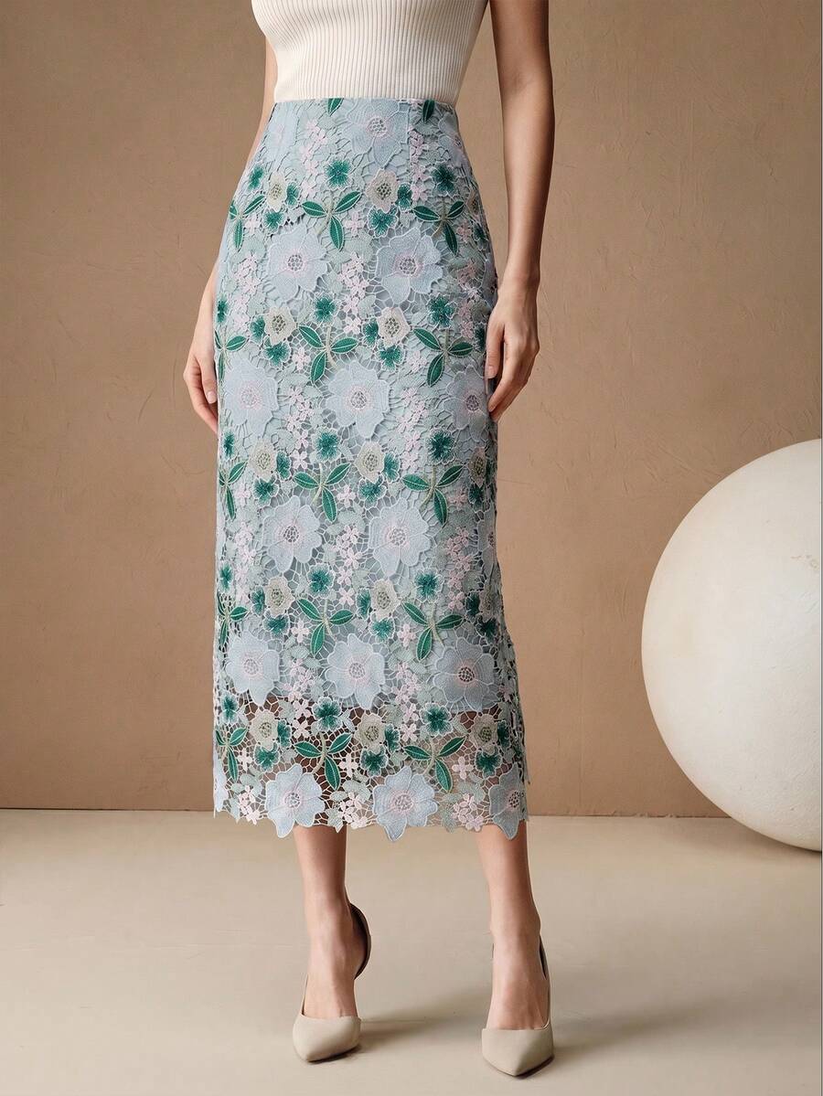 Anewsta Elegant Romantic Contrast Color Lace Voile Vacation, Date, Commute Waist-Cinched Straight Skirt For Women, Spring/Summer - Multicolor - View 1