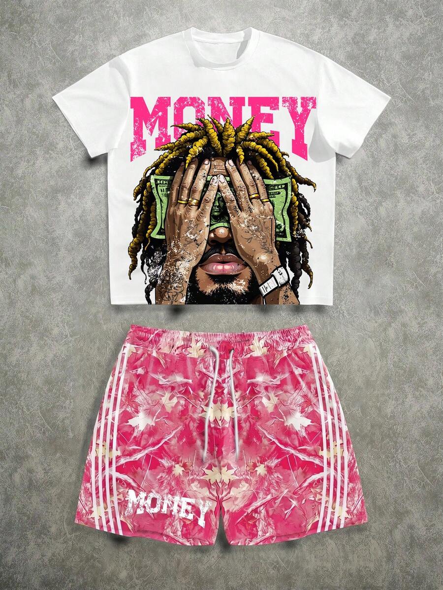 Manfinity ZONE917 Set Kaos Lengan Pendek Pria Kasual Fashion Street dengan Cetakan Huruf Personal dan Celana Pendek Pinggang Serut Samping Bergaris Kontras, Musim Panas, Liburan - Hot Pink - View 1