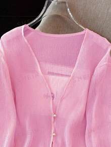 K-Vae Women's Delicate Textured Lightweight Sun Protection Cardigan, Sheer Pearl Button Short Shrug Thin Jacket For Summer - Pink - View 8